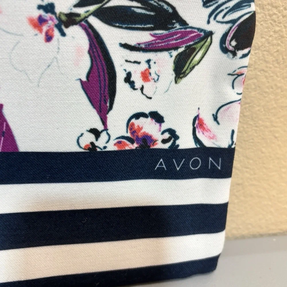 Avon True Color Cosmetic Makeup Bag Floral Stripe Zip Roomy Clean Travel Bag